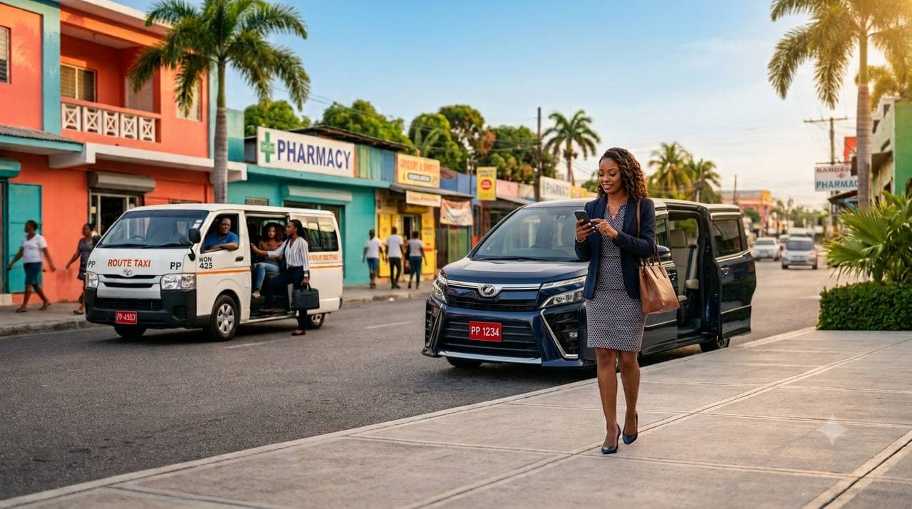 A route taxi and a private ride on a busy Jamaican high street