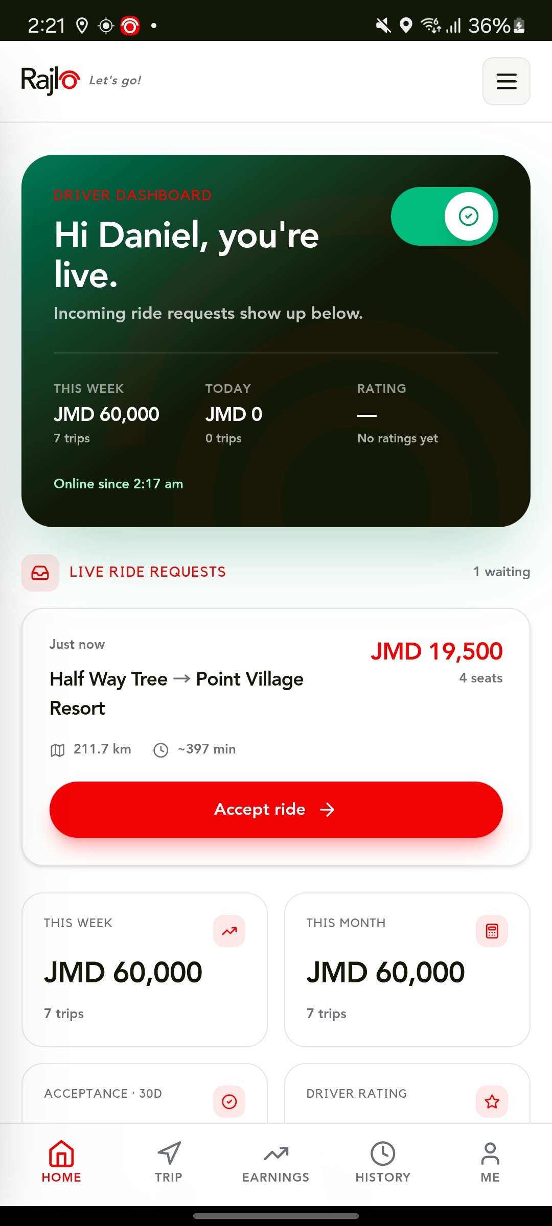 Driver dashboard with live ride request